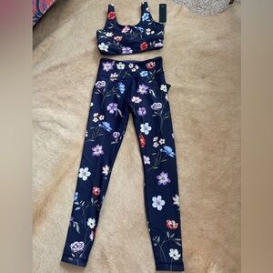 Reversible Floral Print Leggings and Top activewear Set blue tie-dye denim wash